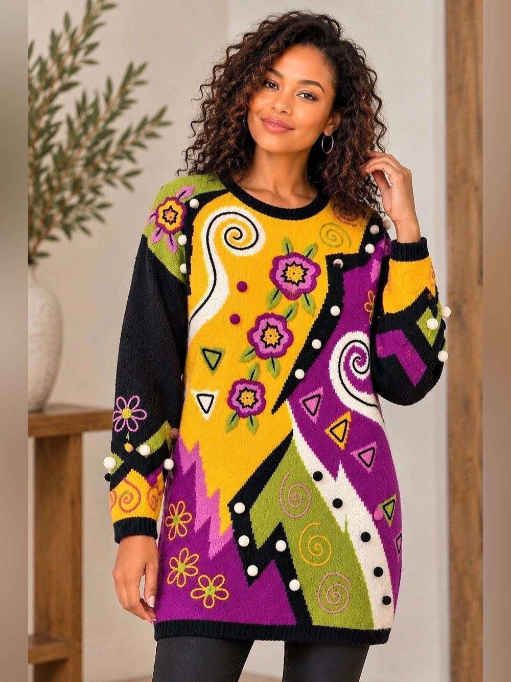 Vintage Side Effects Sweater M Abstract Floral Embroidered Pom Pom Tunic Whimsy